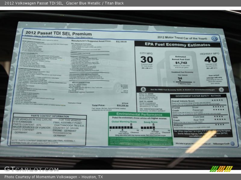 Glacier Blue Metallic / Titan Black 2012 Volkswagen Passat TDI SEL
