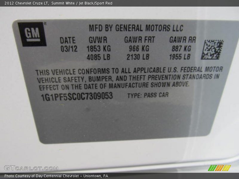 Summit White / Jet Black/Sport Red 2012 Chevrolet Cruze LT