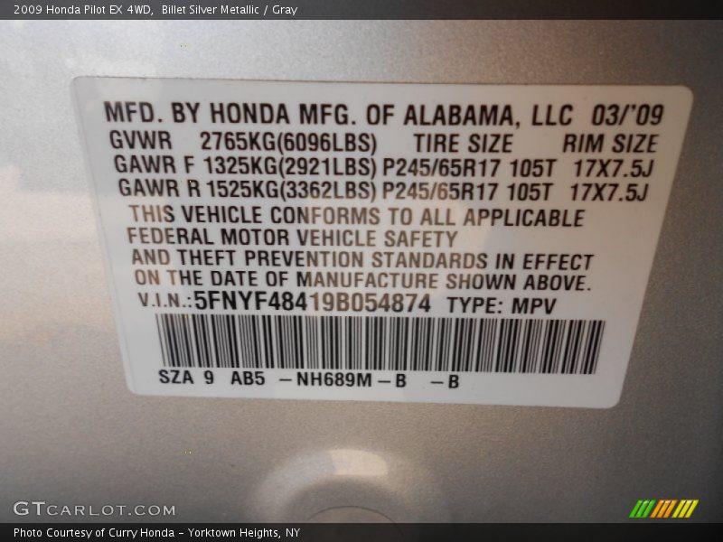 Billet Silver Metallic / Gray 2009 Honda Pilot EX 4WD
