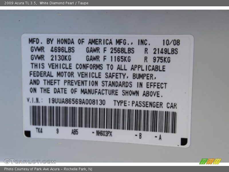 White Diamond Pearl / Taupe 2009 Acura TL 3.5