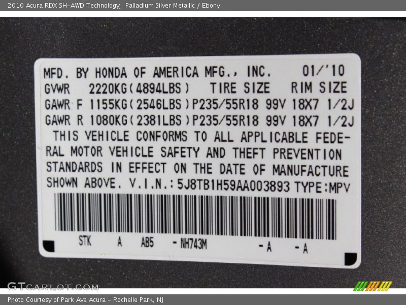 Palladium Silver Metallic / Ebony 2010 Acura RDX SH-AWD Technology