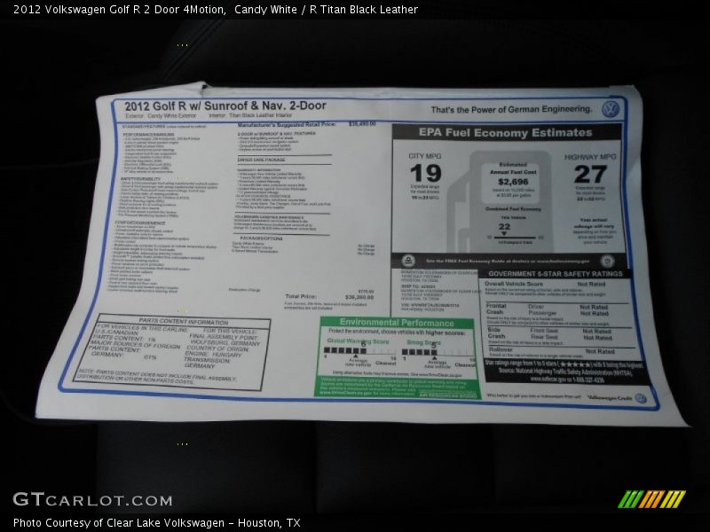  2012 Golf R 2 Door 4Motion Window Sticker