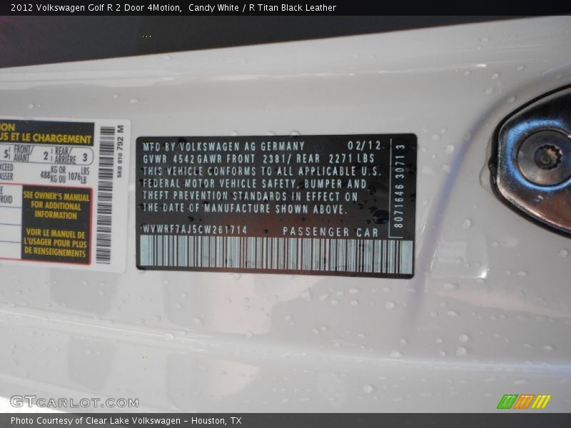 Candy White / R Titan Black Leather 2012 Volkswagen Golf R 2 Door 4Motion