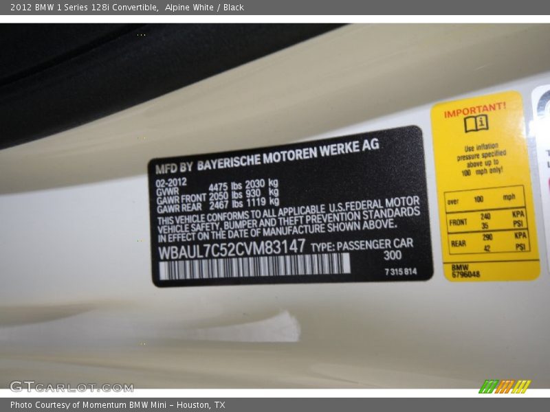 Alpine White / Black 2012 BMW 1 Series 128i Convertible