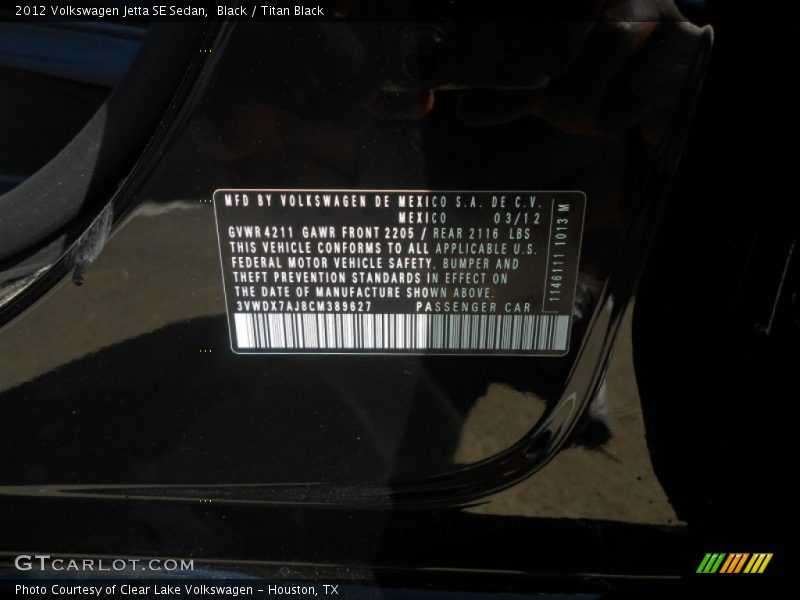 Black / Titan Black 2012 Volkswagen Jetta SE Sedan