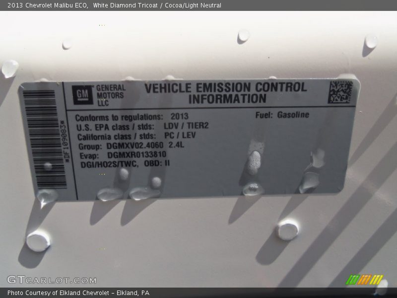 White Diamond Tricoat / Cocoa/Light Neutral 2013 Chevrolet Malibu ECO