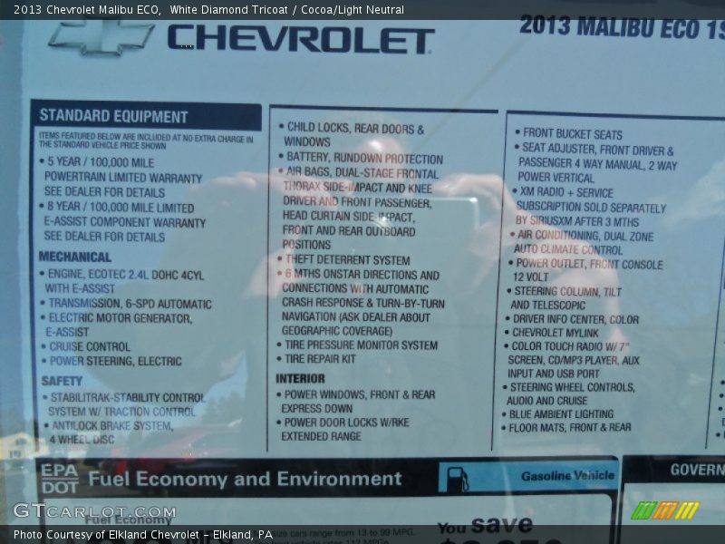 White Diamond Tricoat / Cocoa/Light Neutral 2013 Chevrolet Malibu ECO