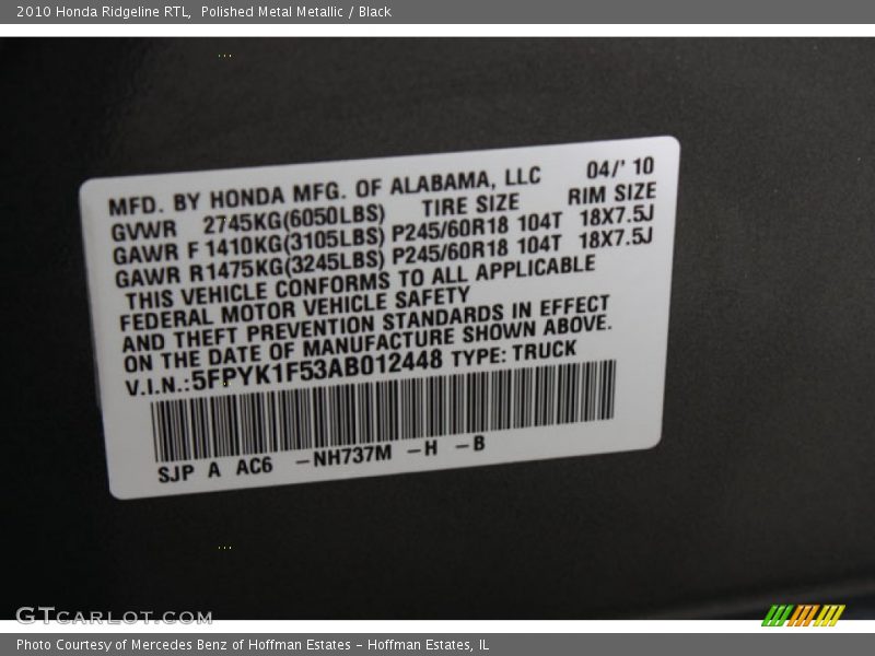 Polished Metal Metallic / Black 2010 Honda Ridgeline RTL