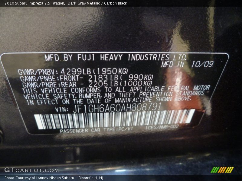 Dark Gray Metallic / Carbon Black 2010 Subaru Impreza 2.5i Wagon