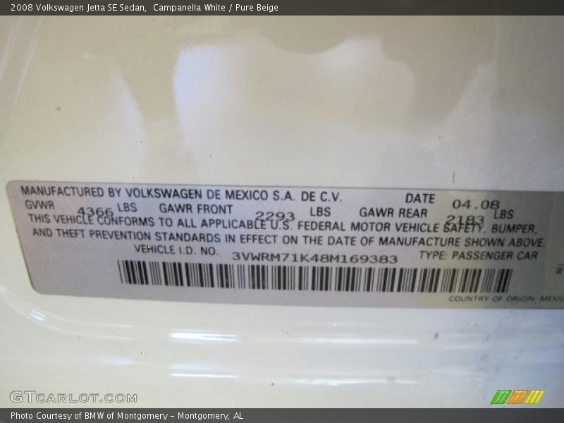 Campanella White / Pure Beige 2008 Volkswagen Jetta SE Sedan