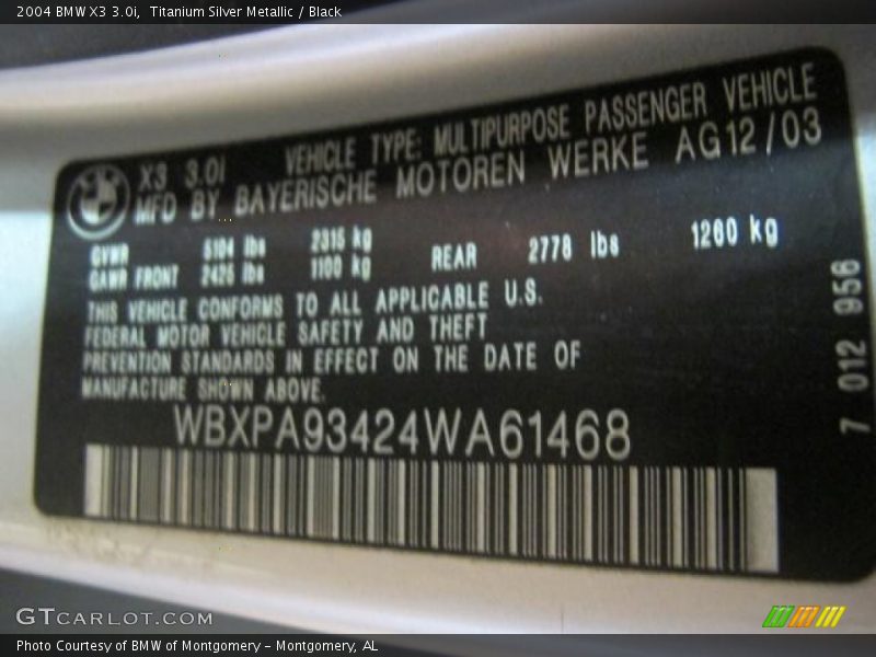 Titanium Silver Metallic / Black 2004 BMW X3 3.0i
