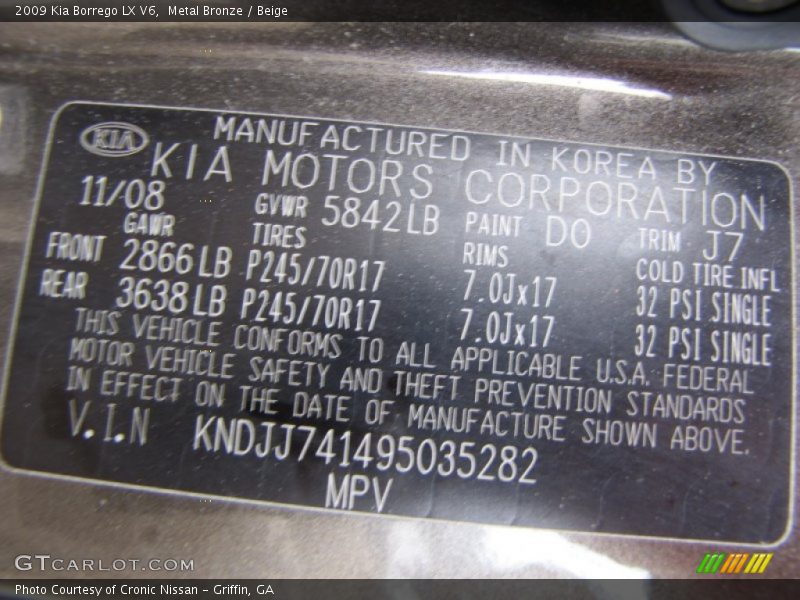Metal Bronze / Beige 2009 Kia Borrego LX V6