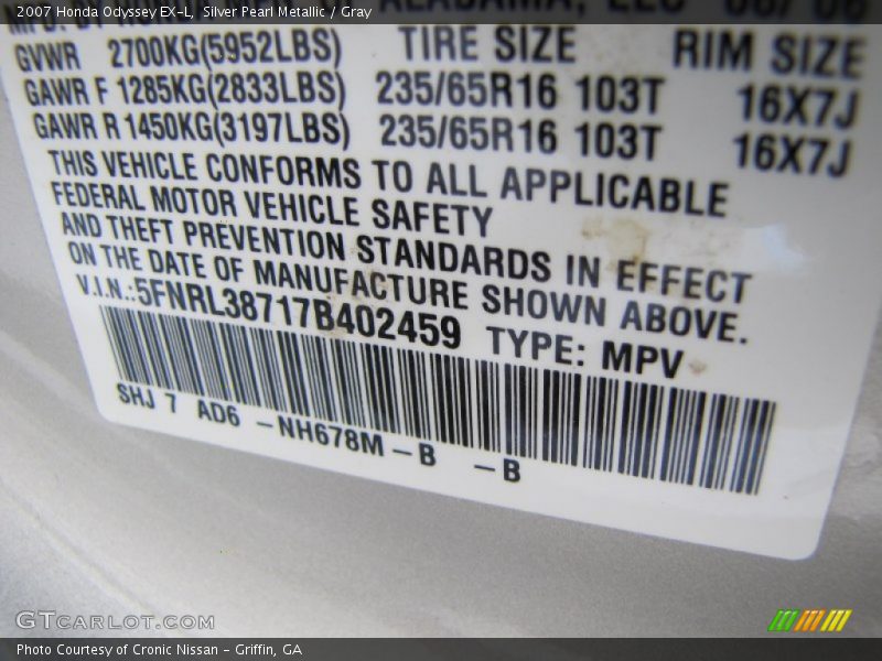 Silver Pearl Metallic / Gray 2007 Honda Odyssey EX-L