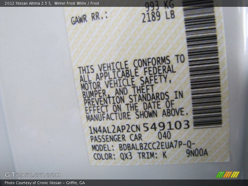 Winter Frost White / Frost 2012 Nissan Altima 2.5 S