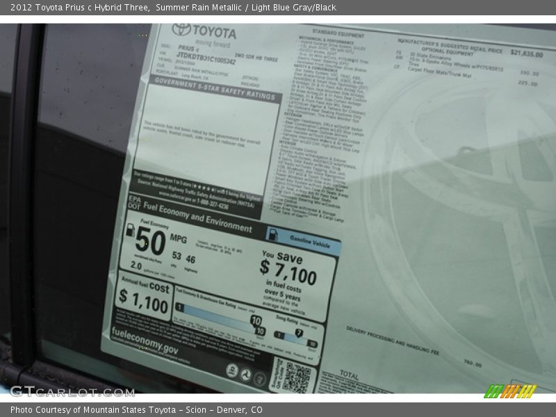Summer Rain Metallic / Light Blue Gray/Black 2012 Toyota Prius c Hybrid Three