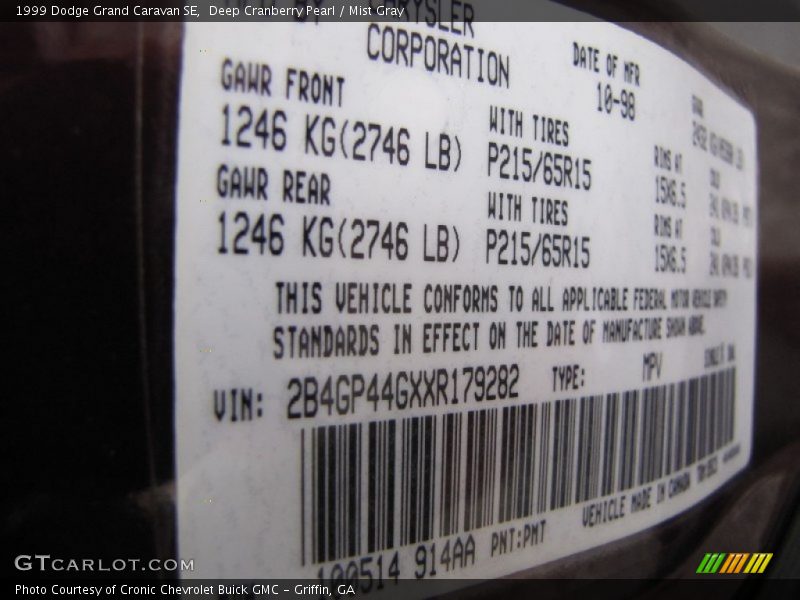 1999 Grand Caravan SE Deep Cranberry Pearl Color Code PMT