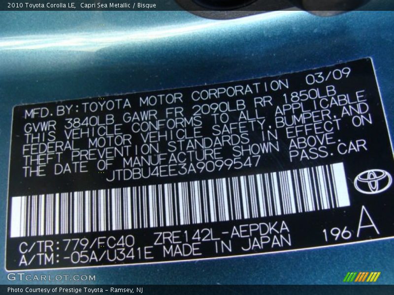 Capri Sea Metallic / Bisque 2010 Toyota Corolla LE