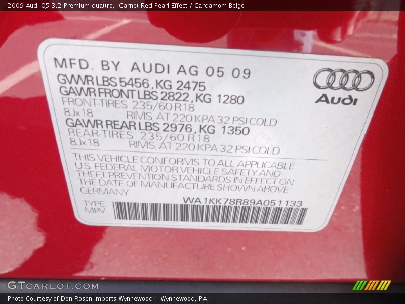 Garnet Red Pearl Effect / Cardamom Beige 2009 Audi Q5 3.2 Premium quattro