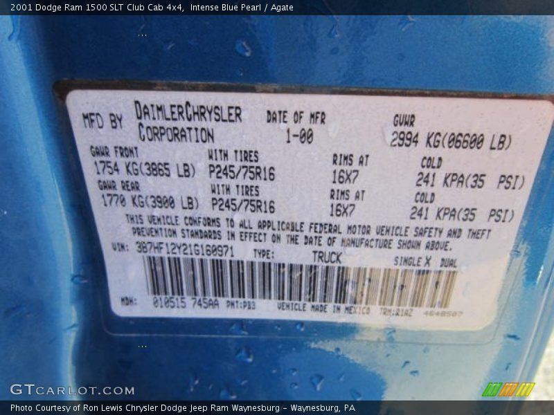 2001 Ram 1500 SLT Club Cab 4x4 Intense Blue Pearl Color Code PB3