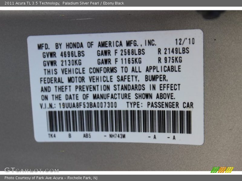 2011 TL 3.5 Technology Paladium Silver Pearl Color Code NH743M