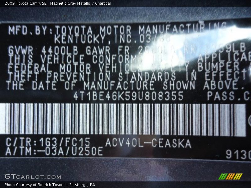 Magnetic Gray Metallic / Charcoal 2009 Toyota Camry SE