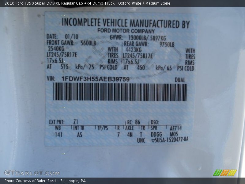 2010 F350 Super Duty XL Regular Cab 4x4 Dump Truck Oxford White Color Code Z1