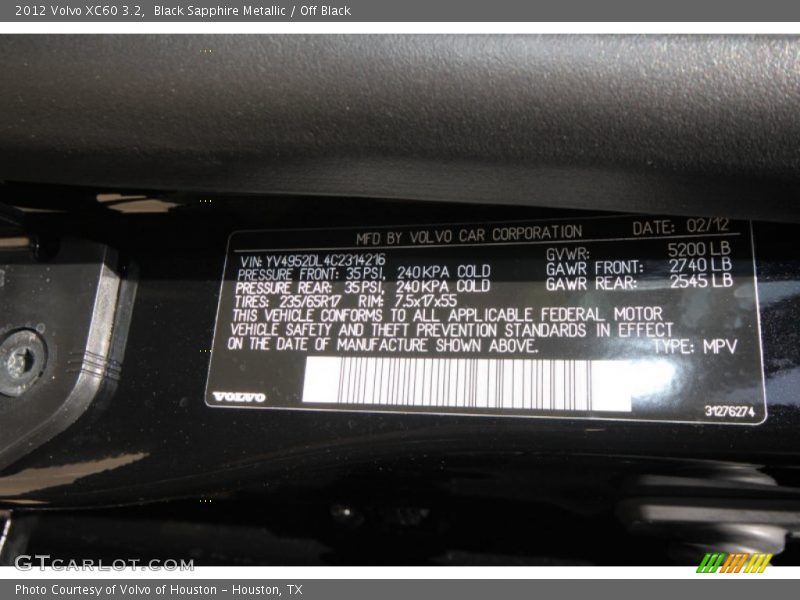 Black Sapphire Metallic / Off Black 2012 Volvo XC60 3.2