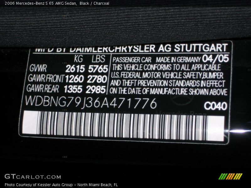 2006 S 65 AMG Sedan Black Color Code 040