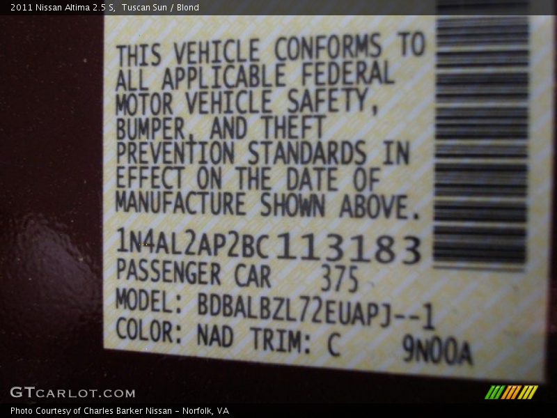 Tuscan Sun / Blond 2011 Nissan Altima 2.5 S
