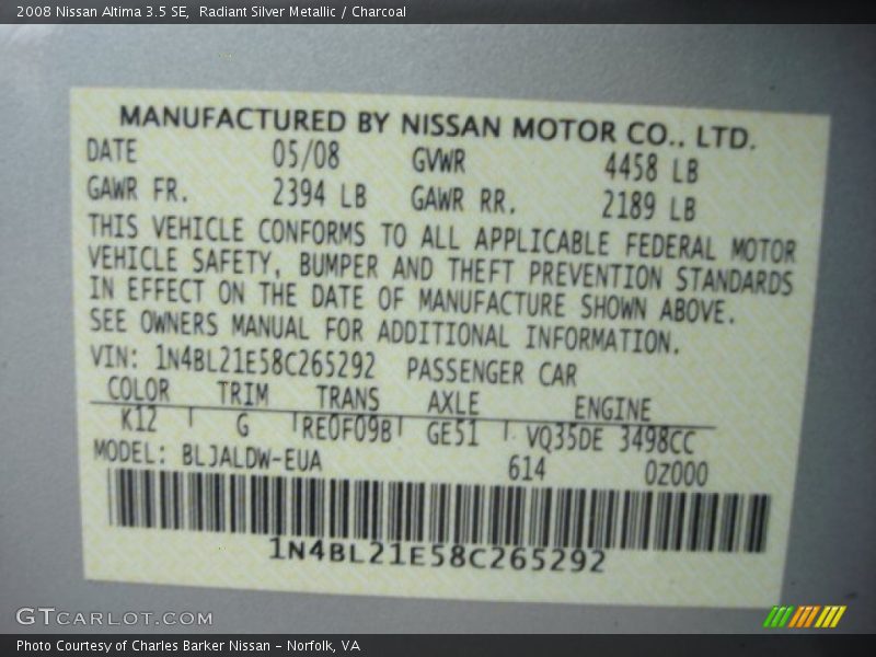 Radiant Silver Metallic / Charcoal 2008 Nissan Altima 3.5 SE