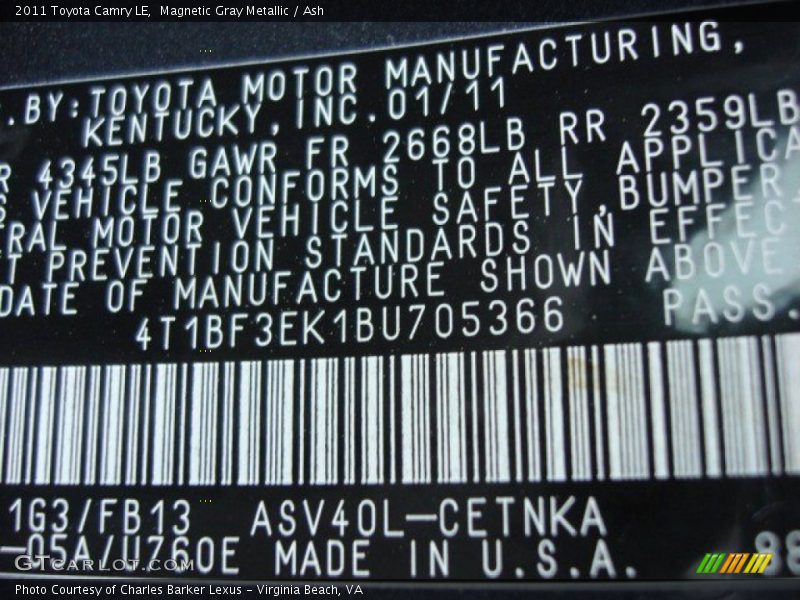 Magnetic Gray Metallic / Ash 2011 Toyota Camry LE