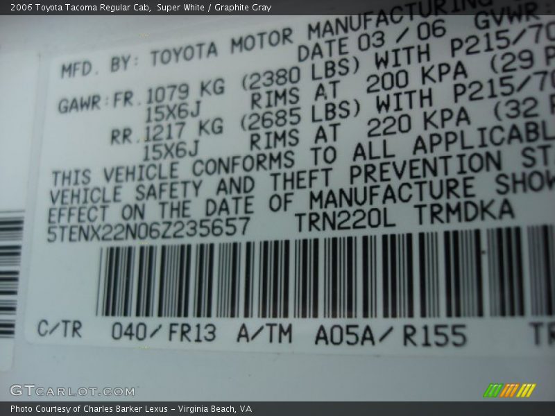 Super White / Graphite Gray 2006 Toyota Tacoma Regular Cab