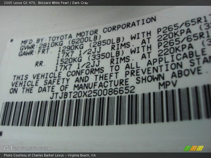 Blizzard White Pearl / Dark Gray 2005 Lexus GX 470