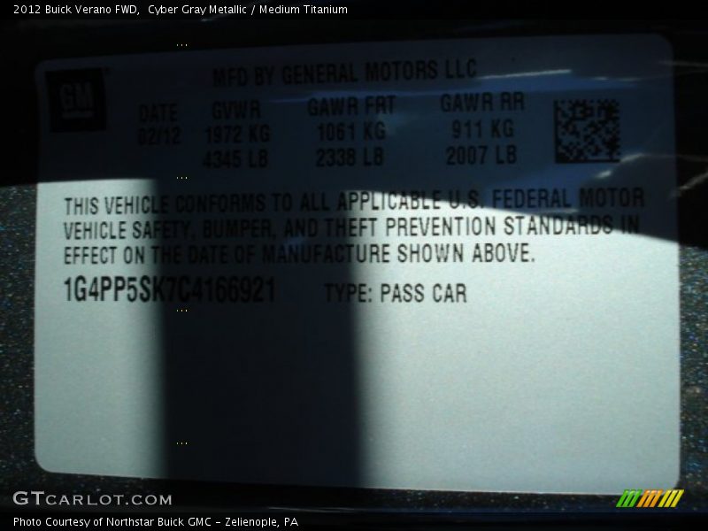 Cyber Gray Metallic / Medium Titanium 2012 Buick Verano FWD