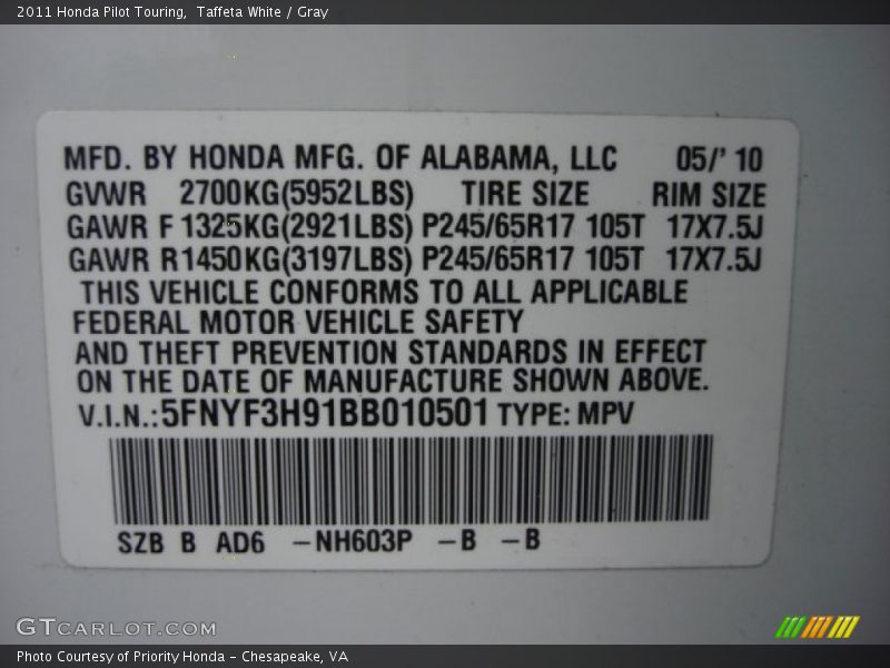 Taffeta White / Gray 2011 Honda Pilot Touring