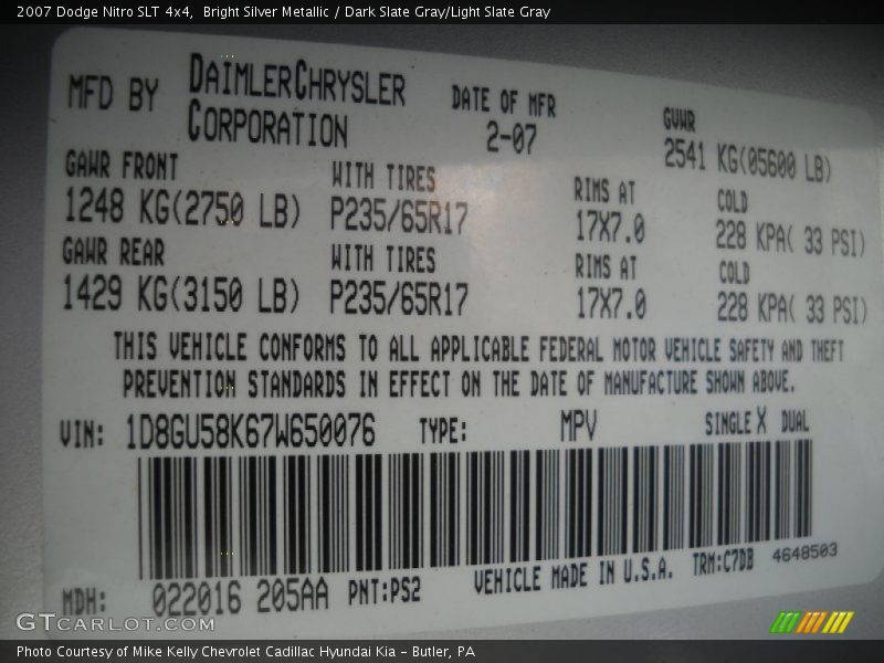 Bright Silver Metallic / Dark Slate Gray/Light Slate Gray 2007 Dodge Nitro SLT 4x4