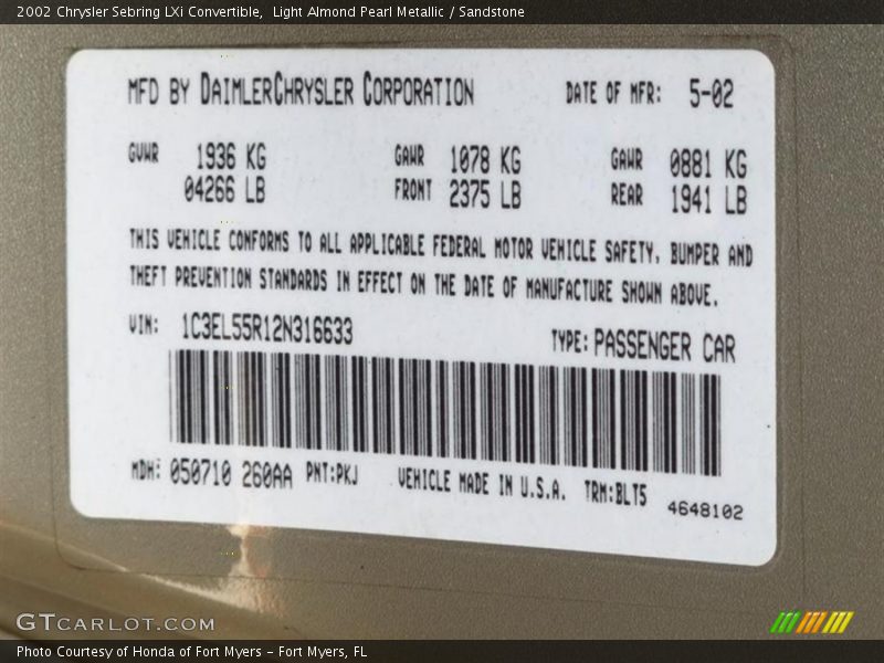 2002 Sebring LXi Convertible Light Almond Pearl Metallic Color Code PKJ