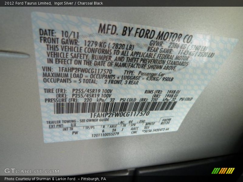Ingot Silver / Charcoal Black 2012 Ford Taurus Limited