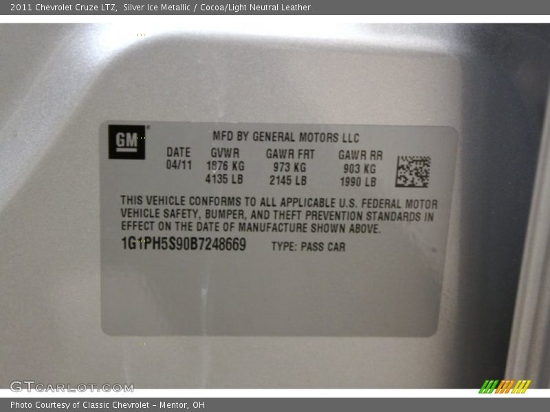Silver Ice Metallic / Cocoa/Light Neutral Leather 2011 Chevrolet Cruze LTZ