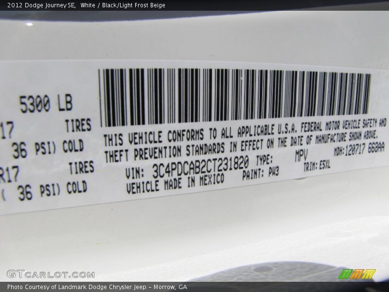 2012 Journey SE White Color Code PW3