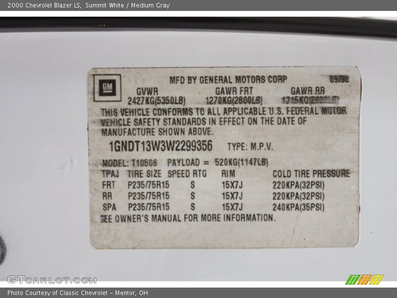 Summit White / Medium Gray 2000 Chevrolet Blazer LS