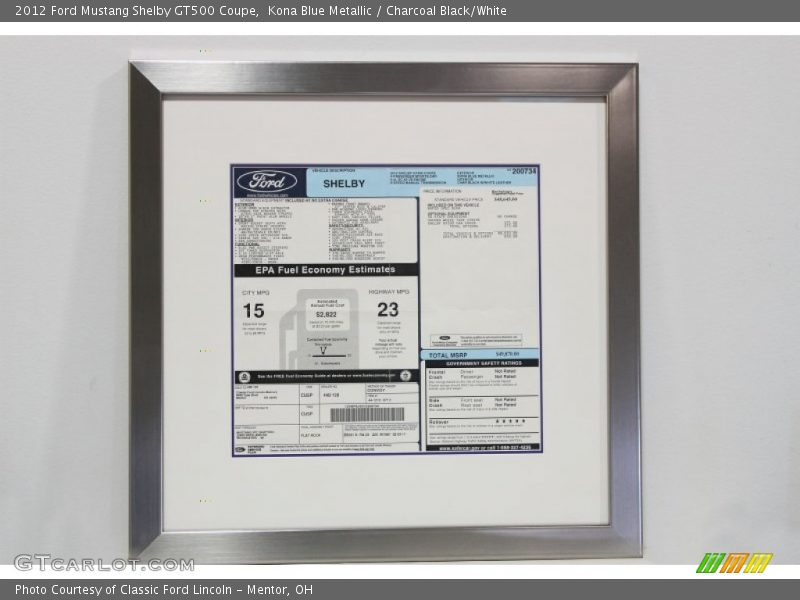  2012 Mustang Shelby GT500 Coupe Window Sticker