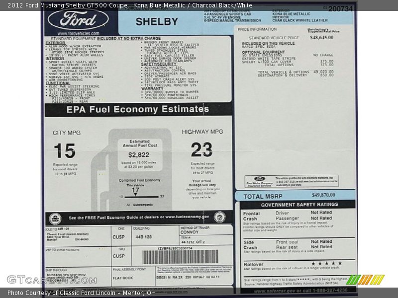  2012 Mustang Shelby GT500 Coupe Window Sticker