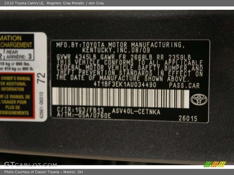 Magnetic Gray Metallic / Ash Gray 2010 Toyota Camry LE