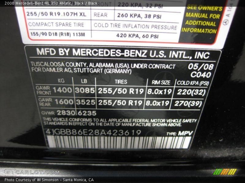 Black / Black 2008 Mercedes-Benz ML 350 4Matic