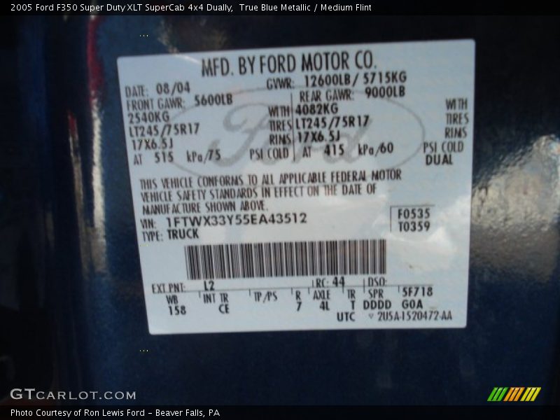 2005 F350 Super Duty XLT SuperCab 4x4 Dually True Blue Metallic Color Code L2