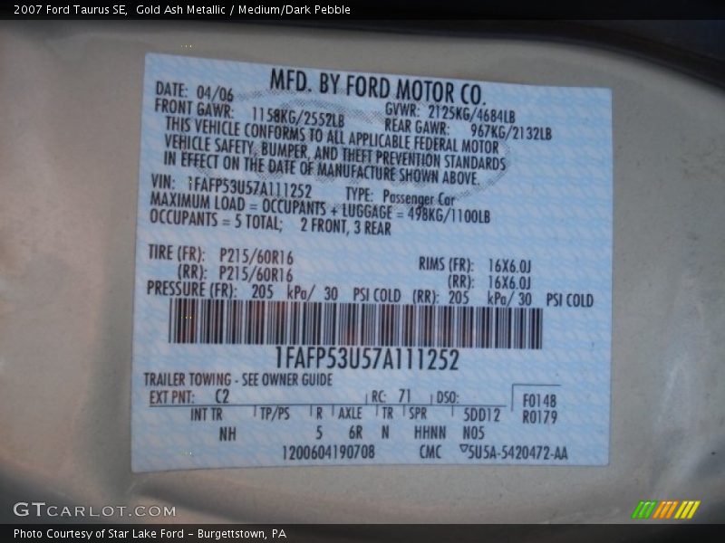 2007 Taurus SE Gold Ash Metallic Color Code C2