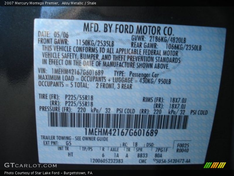 2007 Montego Premier Alloy Metallic Color Code G5