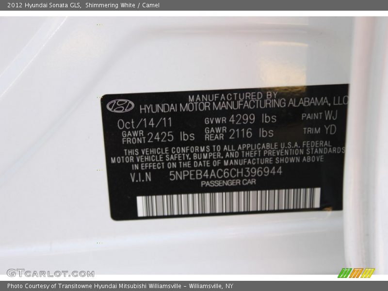 Shimmering White / Camel 2012 Hyundai Sonata GLS