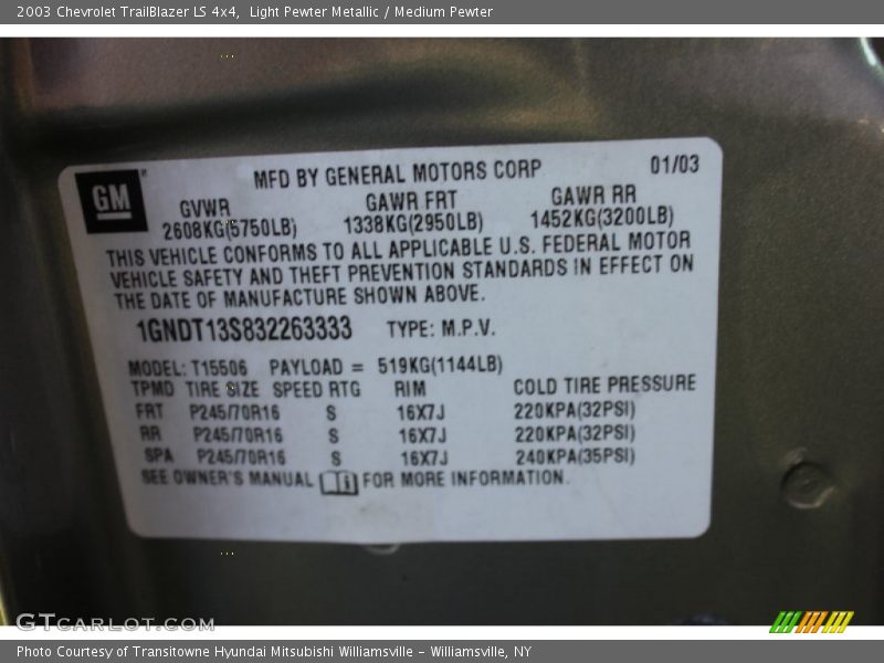 Light Pewter Metallic / Medium Pewter 2003 Chevrolet TrailBlazer LS 4x4